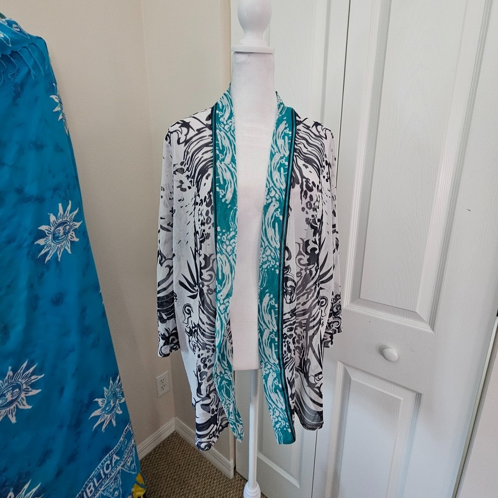Chico's Easywear Open Front Cardigan Women's Size 3 Blue White Print Travel